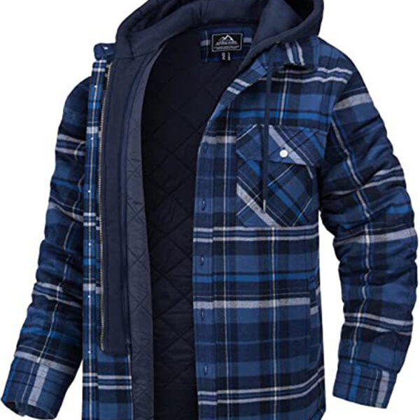 Men casual Thickened Padded Plaid Long Sleeve Loose Hooded Jacket