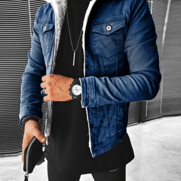 Plush Style Thickened Denim Men's Outer Jacket