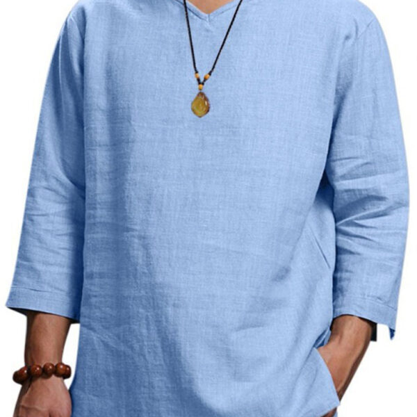 Men's Long Sleeve V Neck Cotton Linen Loose Shirt