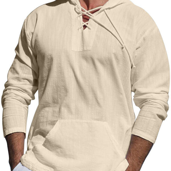 Men's casual cotton and linen tie hooded long-sleeved shirt