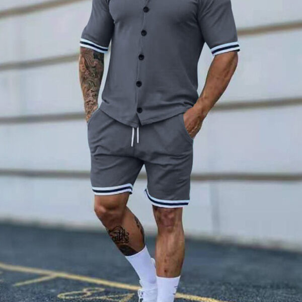 Men's color contrast lapel short-sleeved shirt + shorts two-piece suit