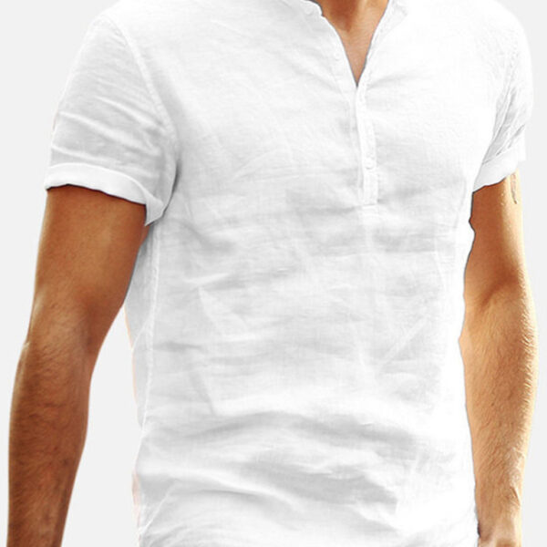 Men's Stand Collar Short Sleeve V Neck Cotton Linen Shirt