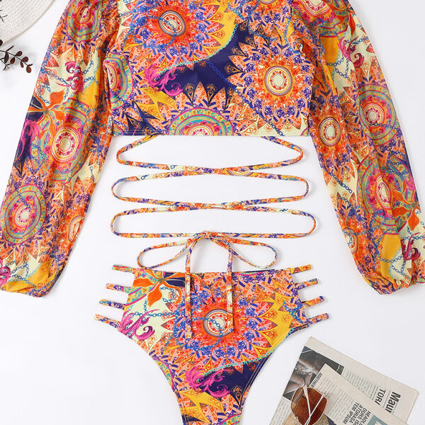 Women's Ethnic Printed Mesh Long Sleeve Bikini Set